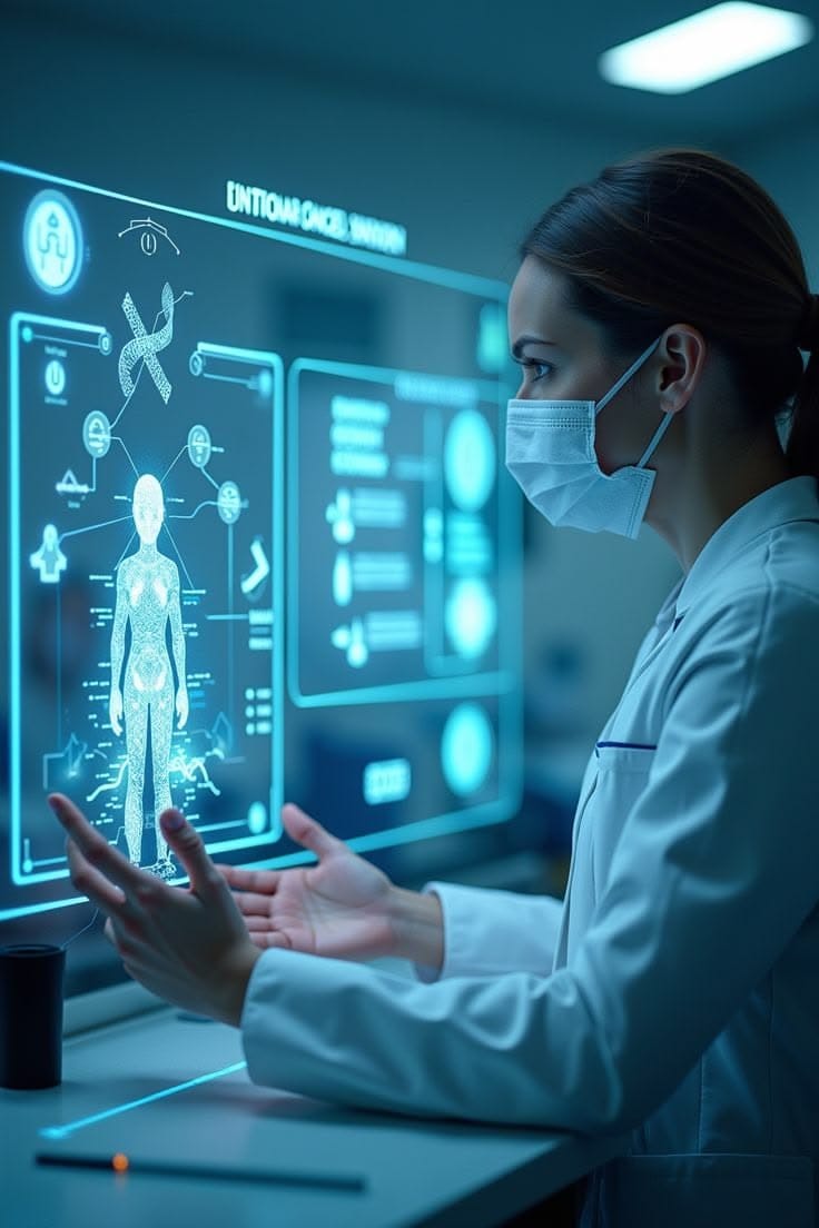 A clinician examining a patient's anatomical chart on a large clinical display