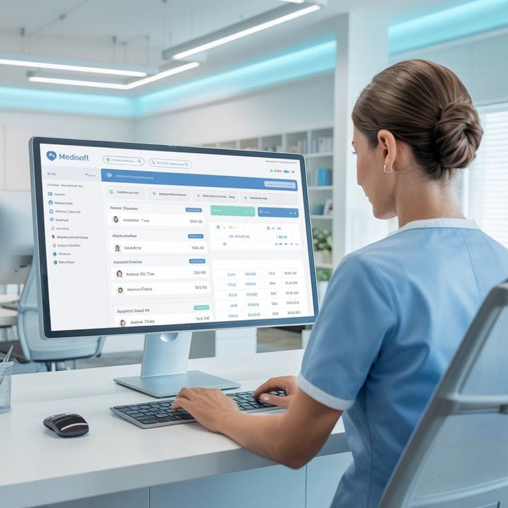 Front-desk staff managing appointments on a practice management workstation
