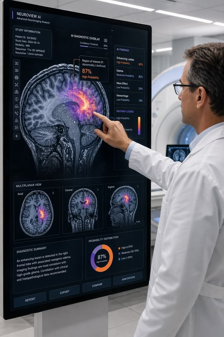 A radiologist reviewing neuro-imaging analysis with region-of-interest findings on a diagnostic workstation