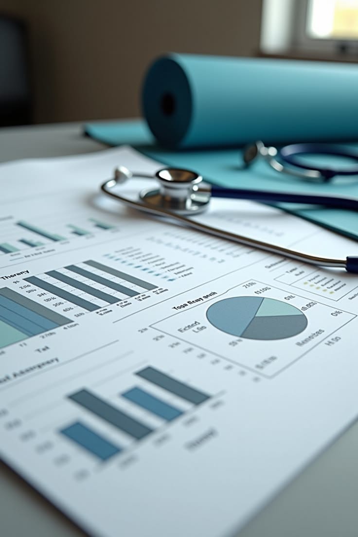 Printed clinical summary reports and charts beside a stethoscope