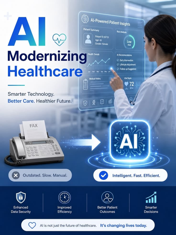 Illustration contrasting outdated manual healthcare paperwork with a modern intelligent patient-insights interface