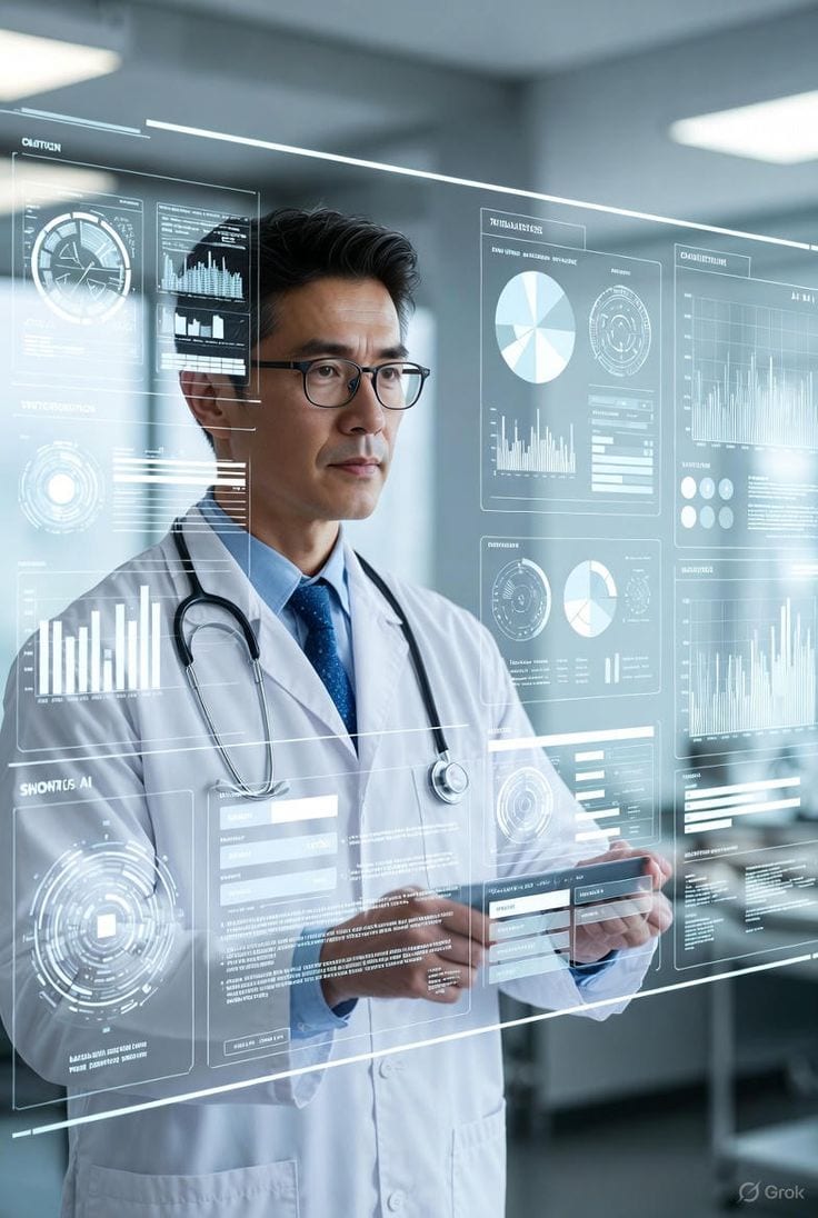 A doctor reviewing practice analytics charts on a large transparent display