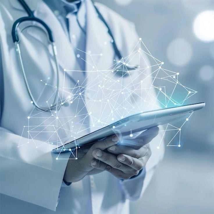 A doctor holding a tablet with a connected web of patient data rising from the screen