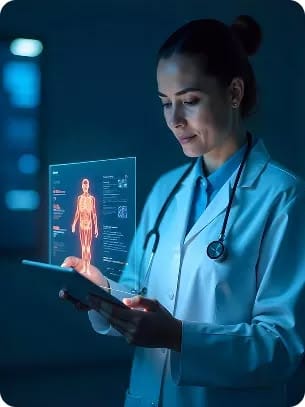 A doctor reading a patient chart on a tablet in a darkened ward