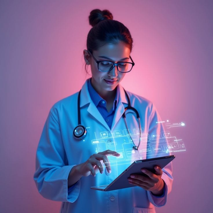 A doctor reviewing patient information on a tablet