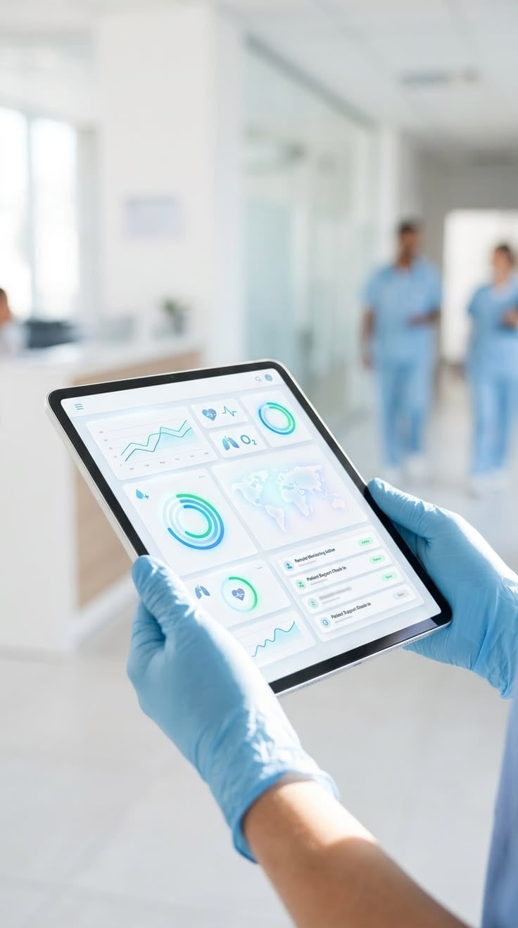 A clinician in gloves reviewing a PPMS patient dashboard on a tablet in a hospital corridor