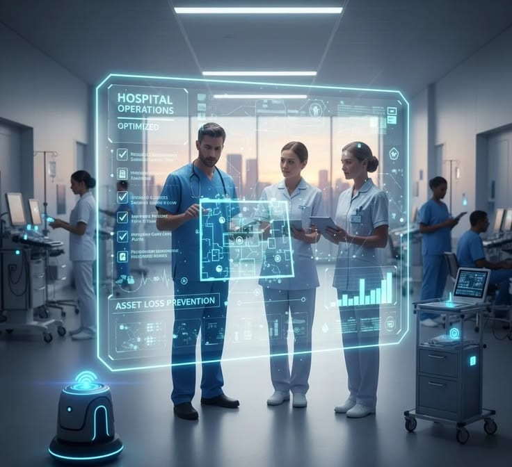 A clinical team reviewing a hospital operations overview on a large interactive display