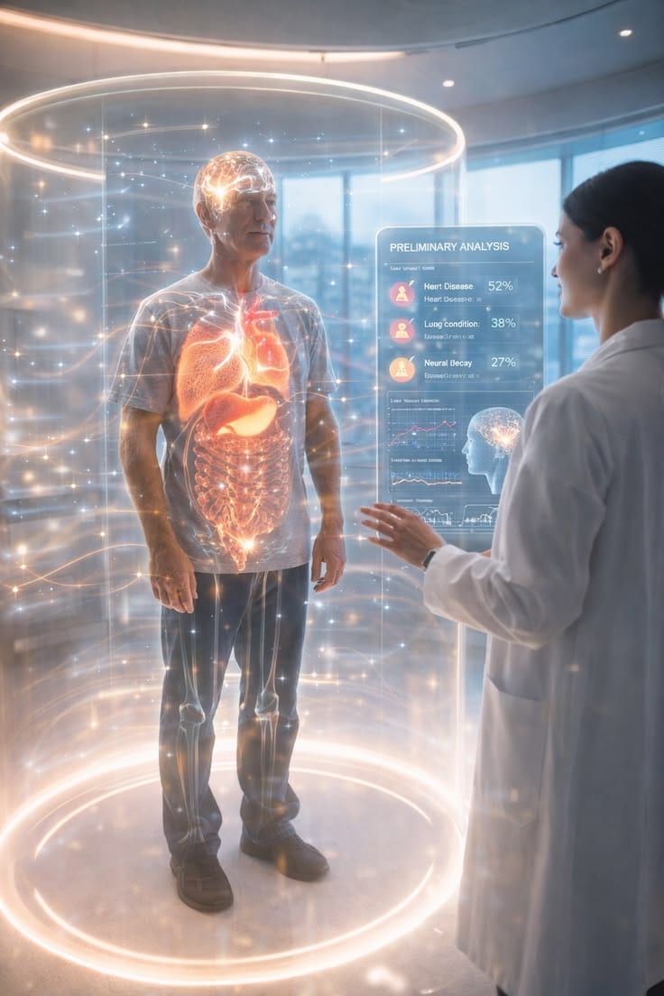 A clinician reviewing a patient's preliminary analysis on a full-body diagnostic display