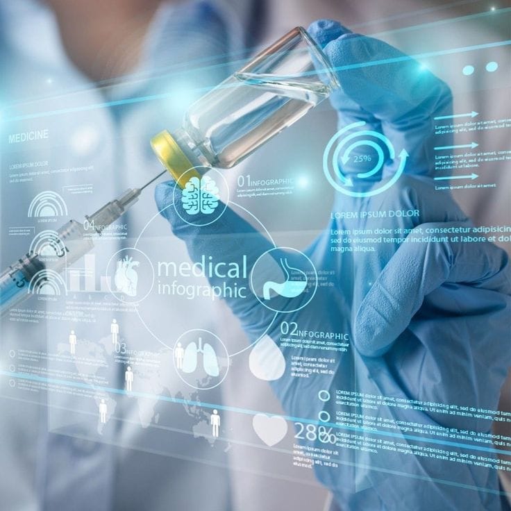 Gloved hands drawing medication from a vial beside a medical data overlay
