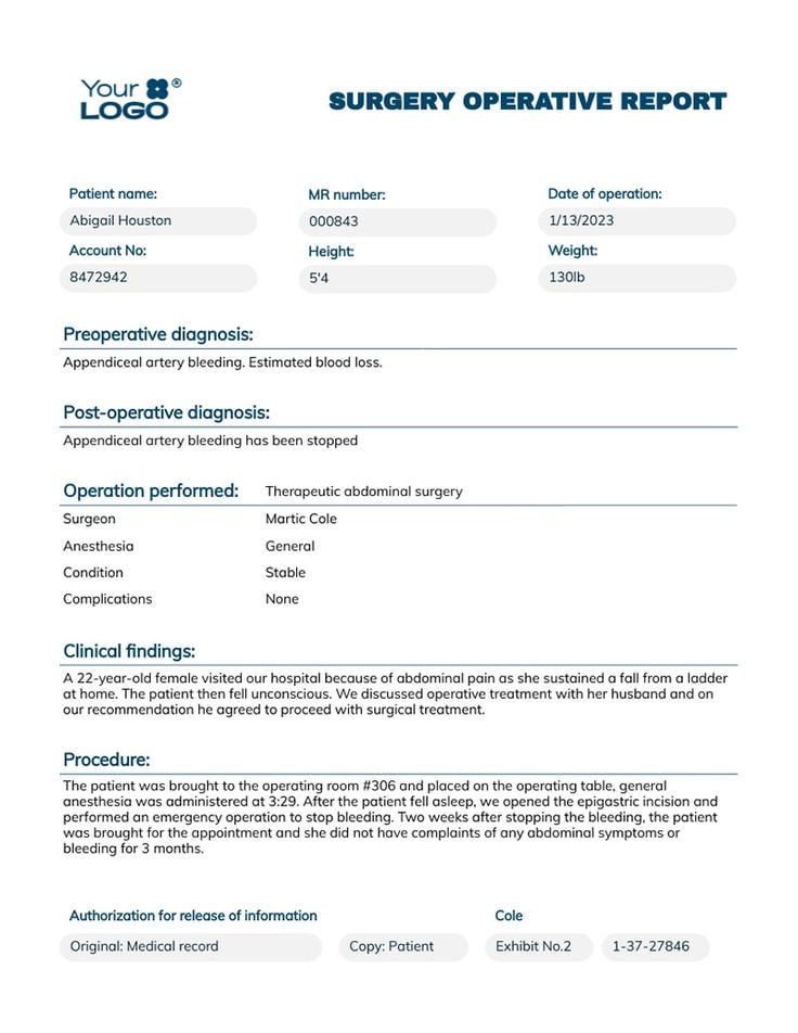 A structured surgery operative report template showing pre-operative diagnosis, procedure and clinical findings
