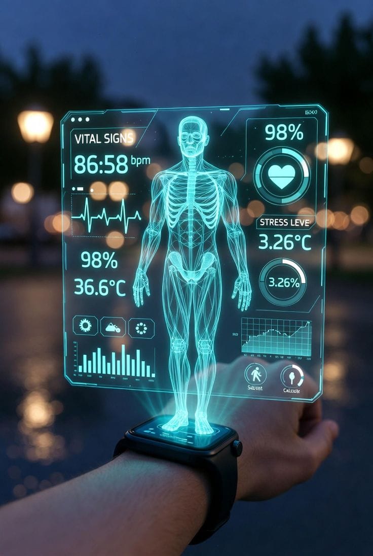 Vital signs displayed above a wearable device during remote patient monitoring
